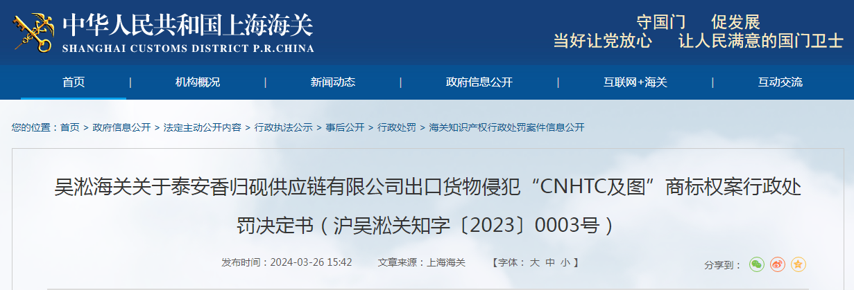 关于泰安香归砚供应链有限公司出口货物侵犯商标权案行政处罚决定