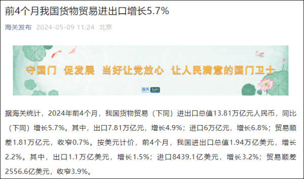 4月份我国货贸进出口同比增长8%前4月增长57%(图2)